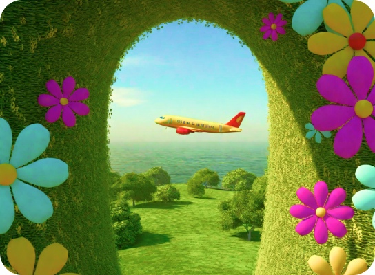 Pesawat terbang di langit, dikelilingi oleh bunga-bunga, di atas rumput hijau, dengan gaya desain kartun yang lucu, visual yang seperti mimpi, pahatan yang lembut, webcam, warna-warna cerah, bentuk-bentuk yang berani, lanskap pantai, mengabadikan momen.