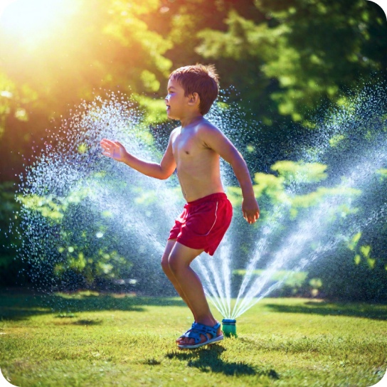 Un'immagine realistica di un bambino che corre passando attraverso un irrigatore in una calda giornata estiva, con gocce d'acqua che volano dappertutto. Scattata da un'angolazione bassa per cogliere il senso di gioia e libertà.