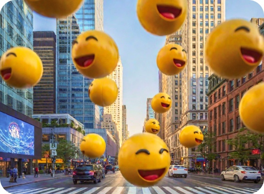 A mass of giant inflated emojis flies over New York streets.