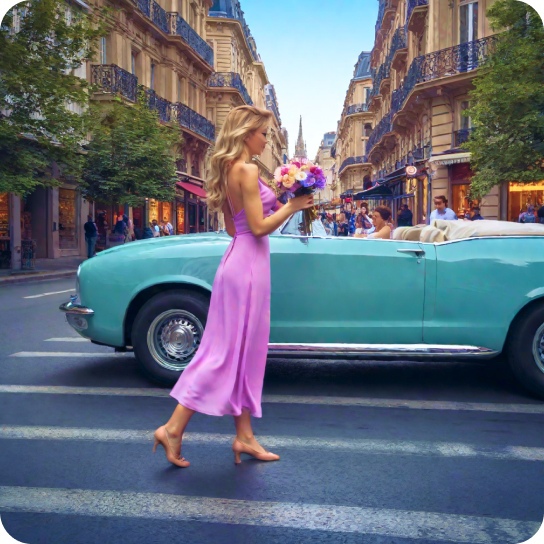 A woman in a pink dress crosses the street with a bouquet of flowers in her hand, in the style of vignettes of paris, vacation dadcore, spectacular backdrops, picassoesque, classic american cars, light turquoise and magenta, celebrity photography.