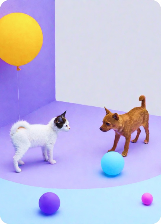 3D 卡通狗和猫、气球和派对背景，浅紫色和绿松石色，可爱，等距。