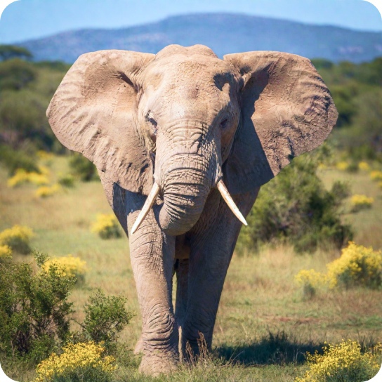 Afrikanischer Elefant in seinem natürlichen Lebensraum. Der Elefant sollte sich in einer grasbewachsenen Savanne befinden, die von der untergehenden Sonne in ein warmes, orangefarbenes Licht getaucht wird, um einen dramatischen Effekt zu erzielen.