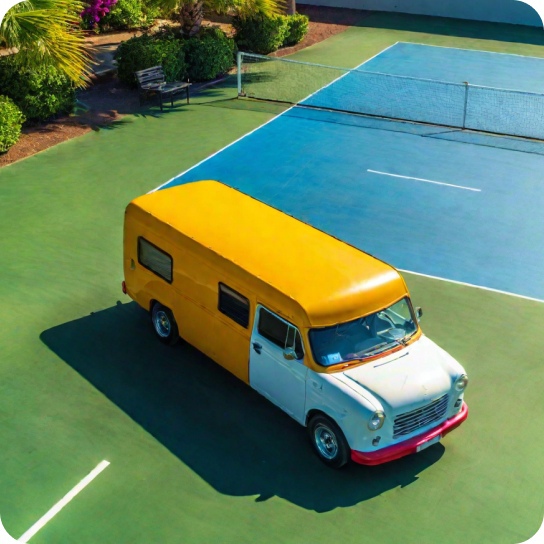 Aerial view a pickleball car that looks like the weinermobile parked outside of a pickleball court with palms on background.