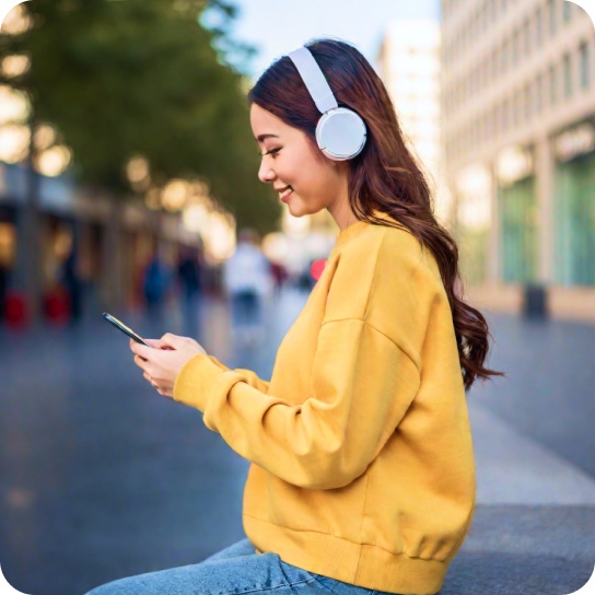 Une jeune fille souriante vêtue d’un sweat à capuche jaune clair qui joue à un jeu sur le téléphone portable, angle de vue latéral, corps entier.