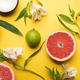 Fruits tropicaux<br />sur fond jaune