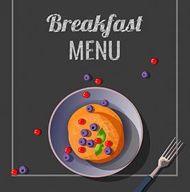 Restaurant menu, flyer, brochure design template with pancakes and cup of coffee on the dark background. Vector illustrations. Breakfast menu concept.