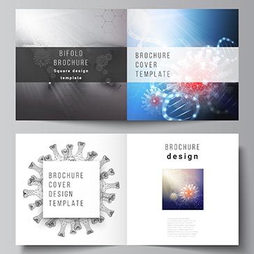Vector layout of two cover templates for square bifold brochure, flyer, cover design, book design, brochure cover. 3d medical background of corona virus. Covid 19, coronavirus infection. Virus concept