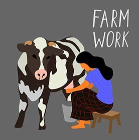 A woman sits on a chair and milks a black and white cow on a dark background. Cute flat vector