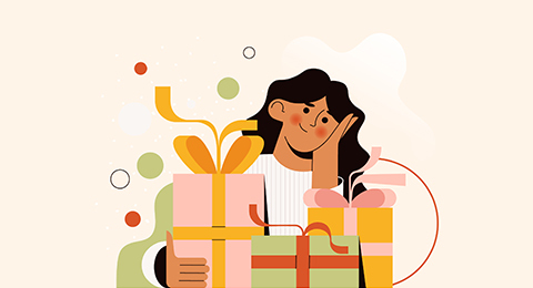 Birthday celebration. The character is happy with the gift boxes. Satisfied woman with surprises for a happy holiday. Vector flat illustration with decorative confetti isolated. — Stock Photo #582596382