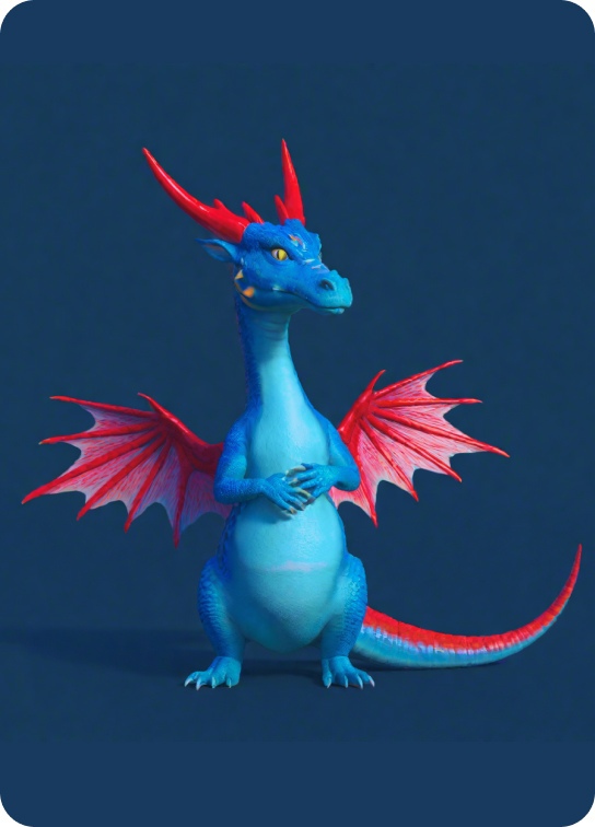 Un dragón de dibujos animados azul en 3D con una gran cabeza ovalada, un par de alas rojas, tres pequeños cuernos azules en la cabeza y una llama en la cola súper detallada.