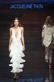 A model walks the runway during the Jacqueline Then Fashion Show Resort 2020 collection during Miami Fashion Week at the Ice Palace in Miami, Florida on June 2nd, 2019