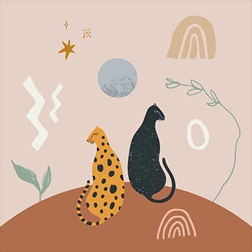 Modern abstract art print with black panther and leopard. Cosmic minimalistic landscape scene. Isolated elements. Vector illustration