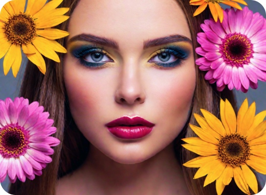 Potret seorang wanita dengan topeng kerudung bunga kering di atas matanya, palet alami, dengan warna kuning hangat, ungu lembut, dan gading. Rambutnya yang ikal tergerai lembut di balik rangkaian bunga, menambah daya pikat yang misterius.