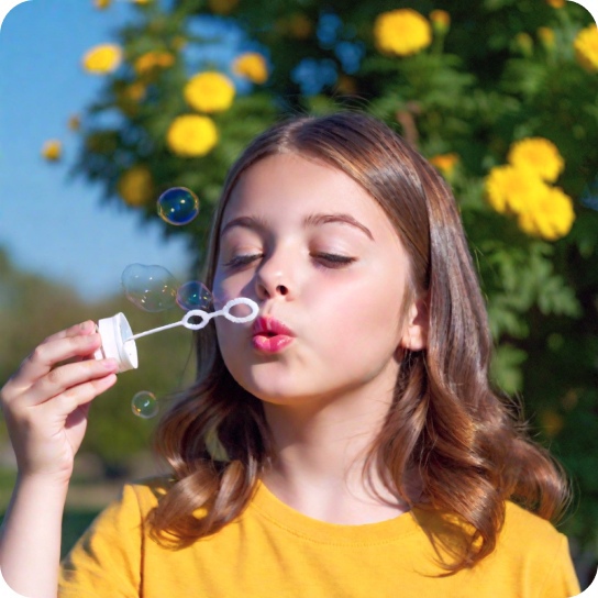A photorealistic image of a young girl blowing bubbles in a park, with colorful flowers and a big blue sky in the background. Shot from a close-up angle to capture the sense of playfulness and innocence.