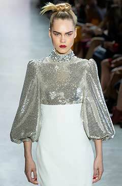 new york, new york - feb. 08, 2020: line brems walks the runway at badgley mischka fall winter 2020 fashion show