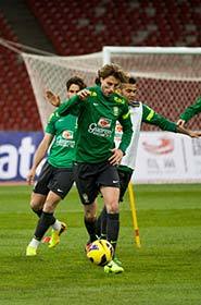 Footballers of Brazil take part in a training session for a friendly soccer match against Zambia at the National Stadium, also known as the Birds Nest, in Beijing, China, 14 October 2013