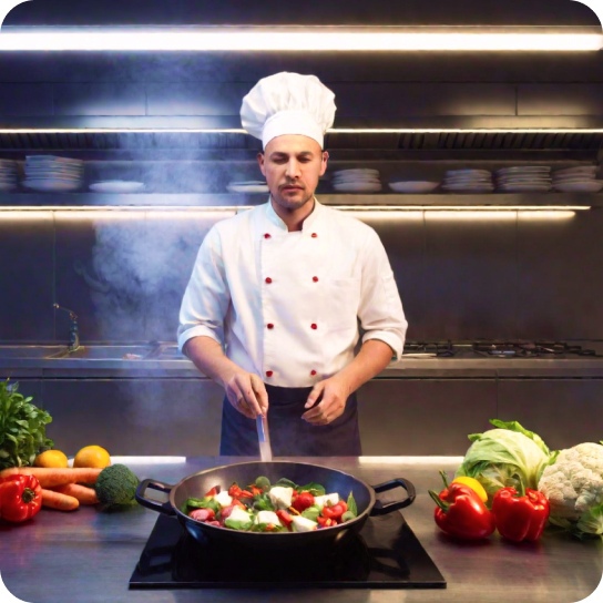 Una imagen fotorrealista de un chef preparando un plato en una cocina ajetreada, con vapor saliendo de las ollas y sartenes, e ingredientes coloridos esparcidos por el mostrador. Tomada desde un ángulo de primer plano para capturar la sensación de acción e intensidad.