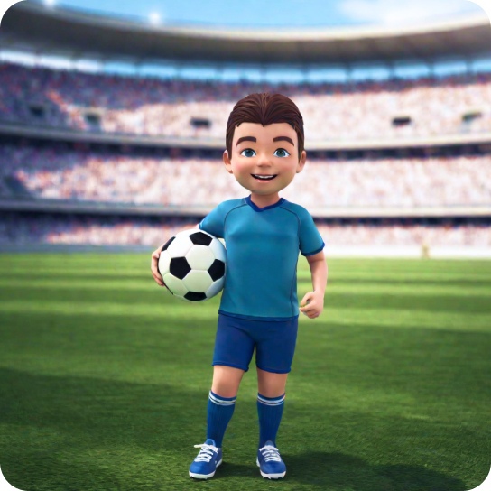 Personaggio giocatore di calcio in stile Disney 3d, carino e sorridente, realizzato con Unreal Engine, dettagliato e in ultra alta definizione 8k, che tiene un pallone da calcio, con uno stadio sfocato pieno di persone sullo sfondo.