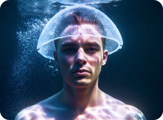 Underwater man, full-face portrait wearing a jellyfish-shaped hat seen as armor, bioluminescent, with dark underwater colors. Realistic bubbles surround him with the movement of the water.