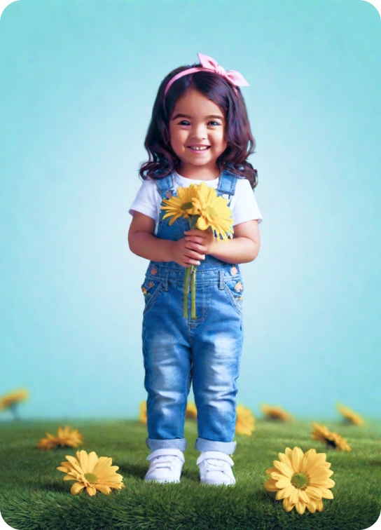 Диснеевский стиль, милый, улыбающийся мультяшный персонаж в полный рост с букетом цветов в руках на светло-голубом фоне с белой виньеткой, детализированное изображение, 8k.